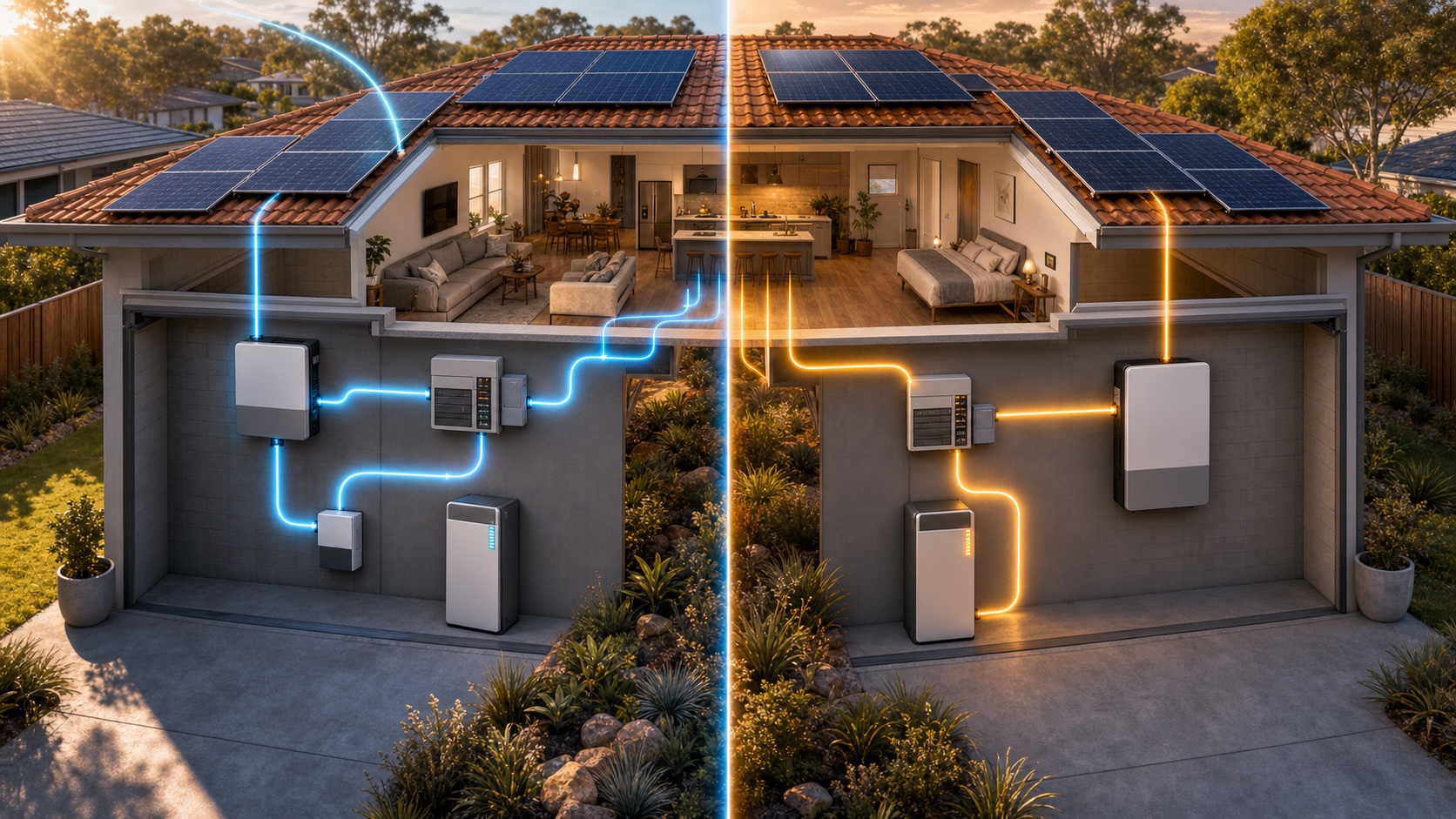 Cutaway comparison of an Australian home using separate solar and battery inverters beside a home using one hybrid inverter