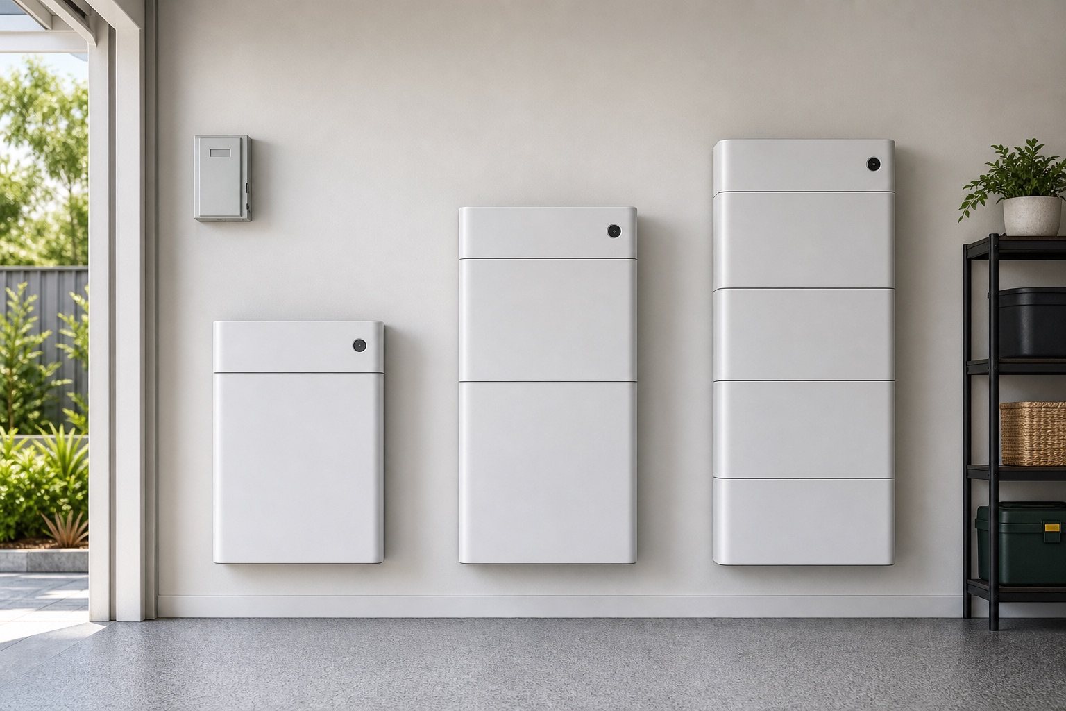 Three unbranded residential battery configurations increasing from compact to large