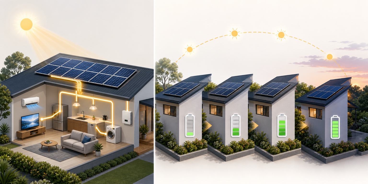 Text-free illustration showing solar power flowing to household appliances at one moment beside a home battery filling through the day