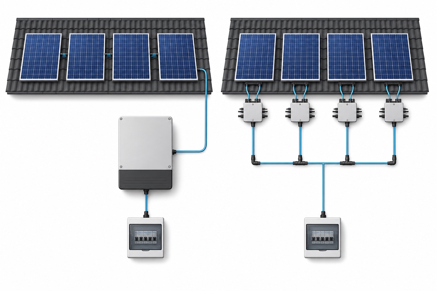 String inverter wiring compared with one microinverter beneath each solar panel