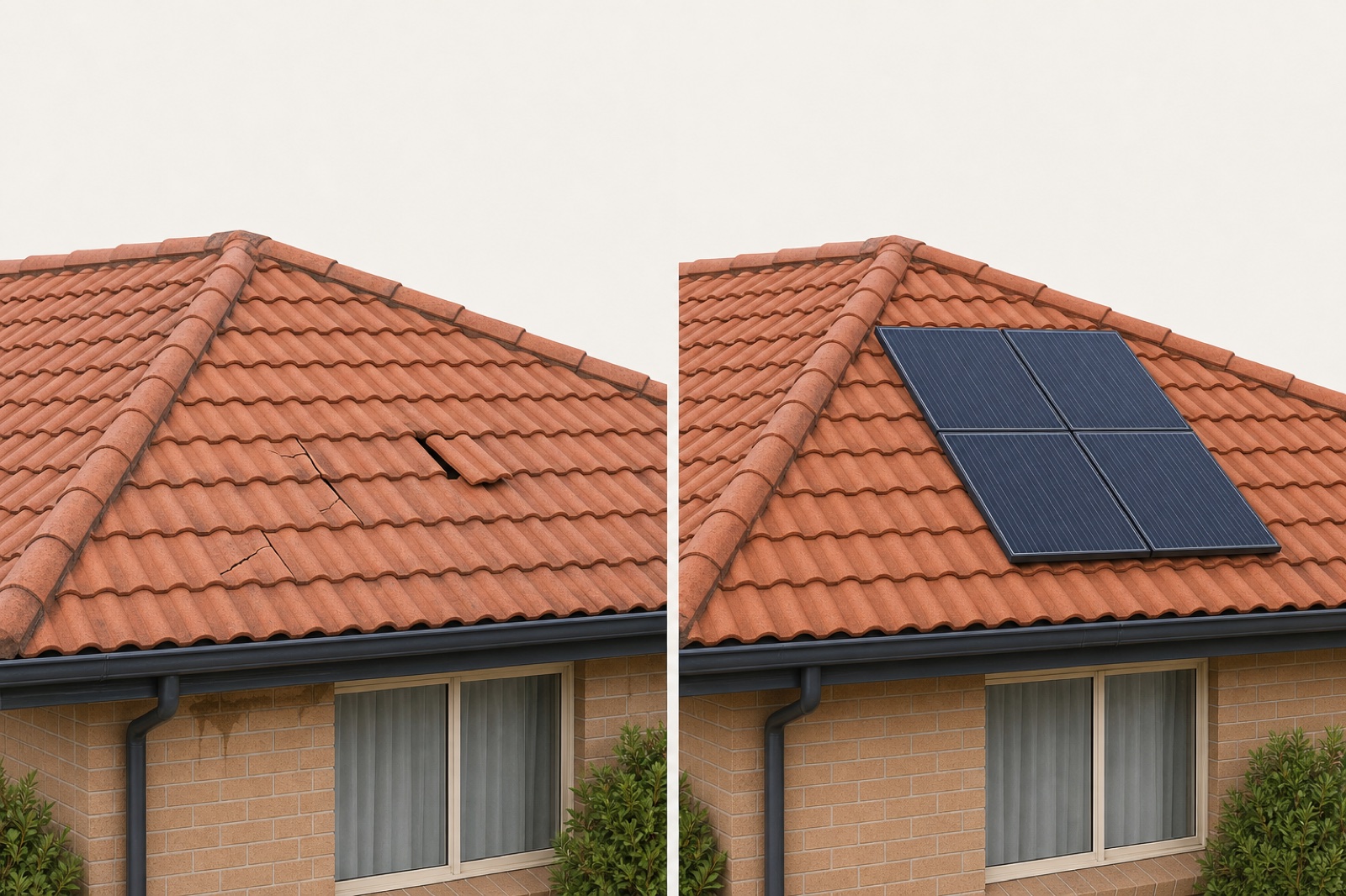 Side-by-side comparison of an aged tiled roof with cracked tiles and the same roof repaired before solar panels are installed