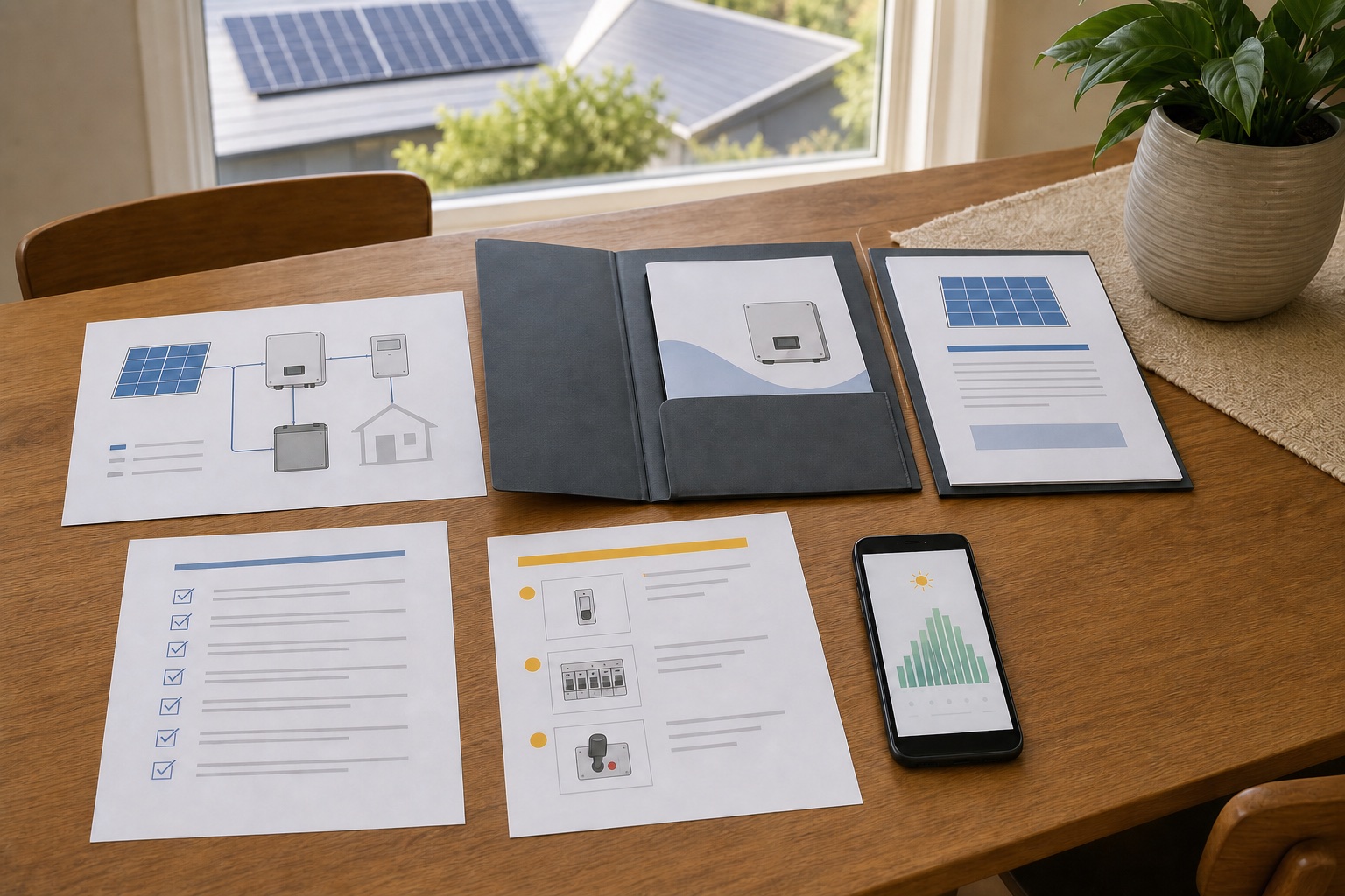 Solar handover documents, system diagrams and a monitoring app arranged on a homeowner's table