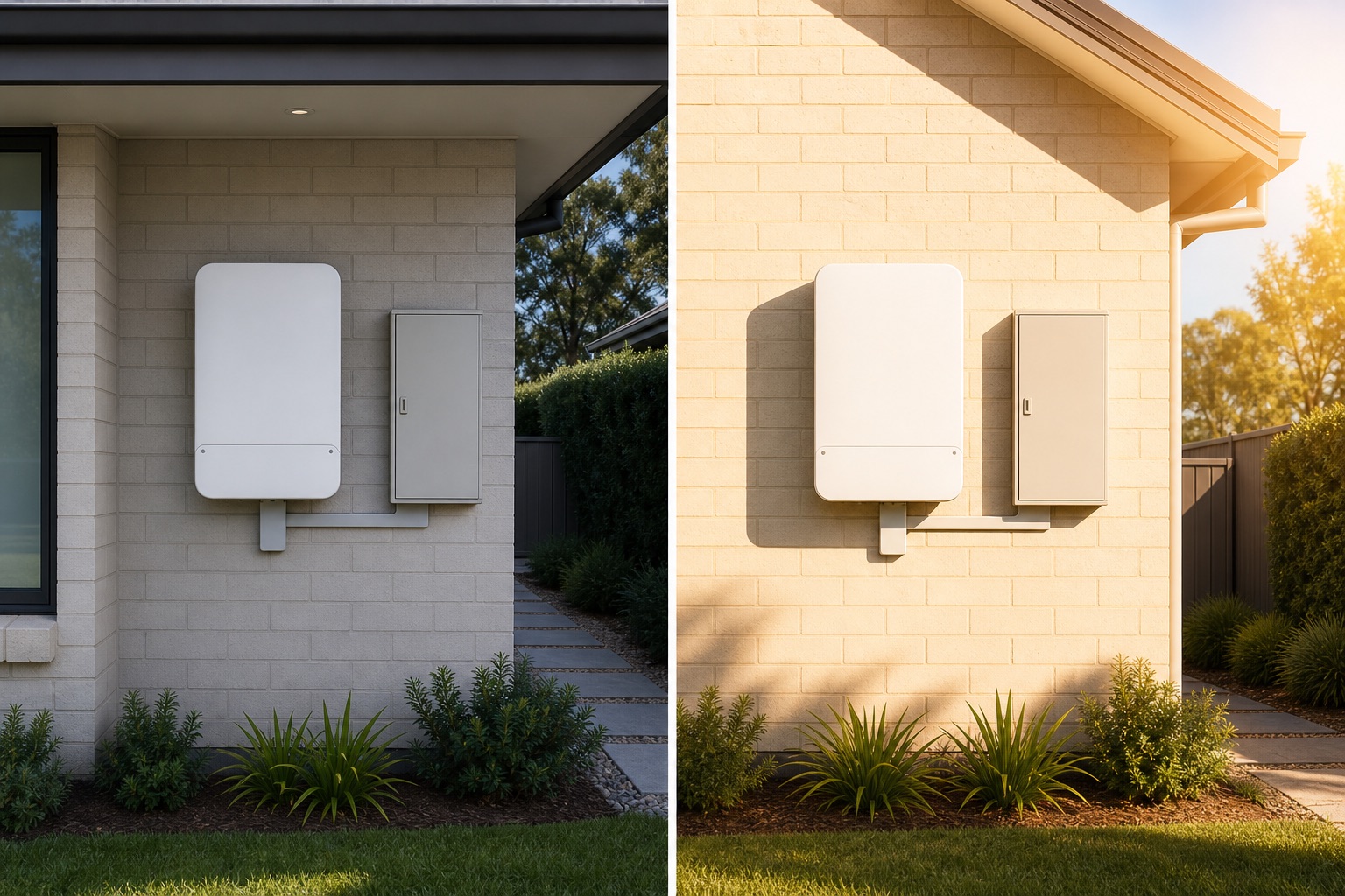 Text-free comparison of the same unbranded wall-mounted solar inverter in a shaded position and in direct afternoon sun