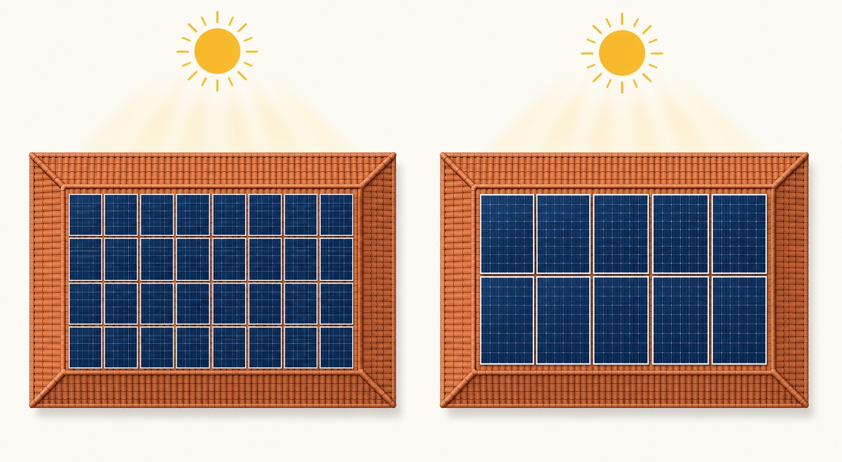 Text-free comparison of two equal terracotta roof sections fitted with different solar panel sizes and counts