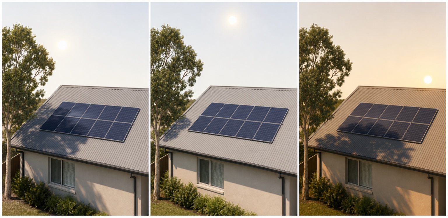 The same Australian rooftop solar array with tree shade moving across it from morning to midday and late afternoon