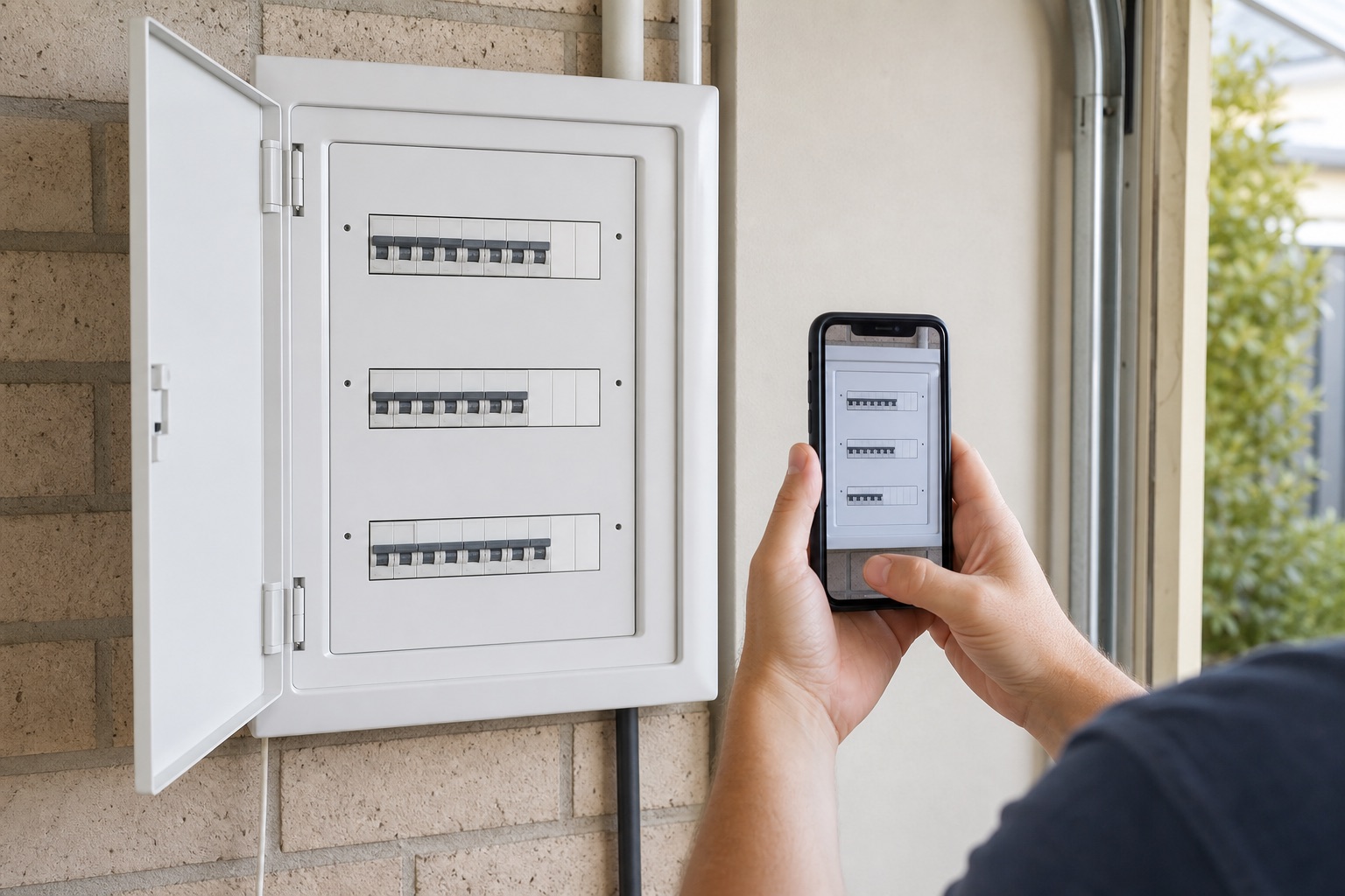 Homeowner taking a clear photograph of a closed modern household switchboard