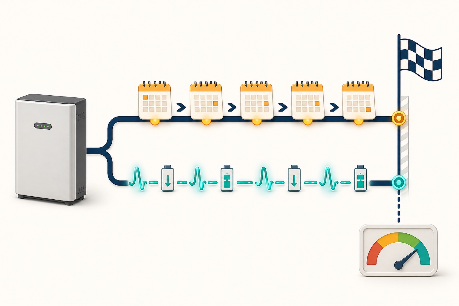 Two battery warranty progress tracks comparing elapsed time with charge and energy use before a shared limit