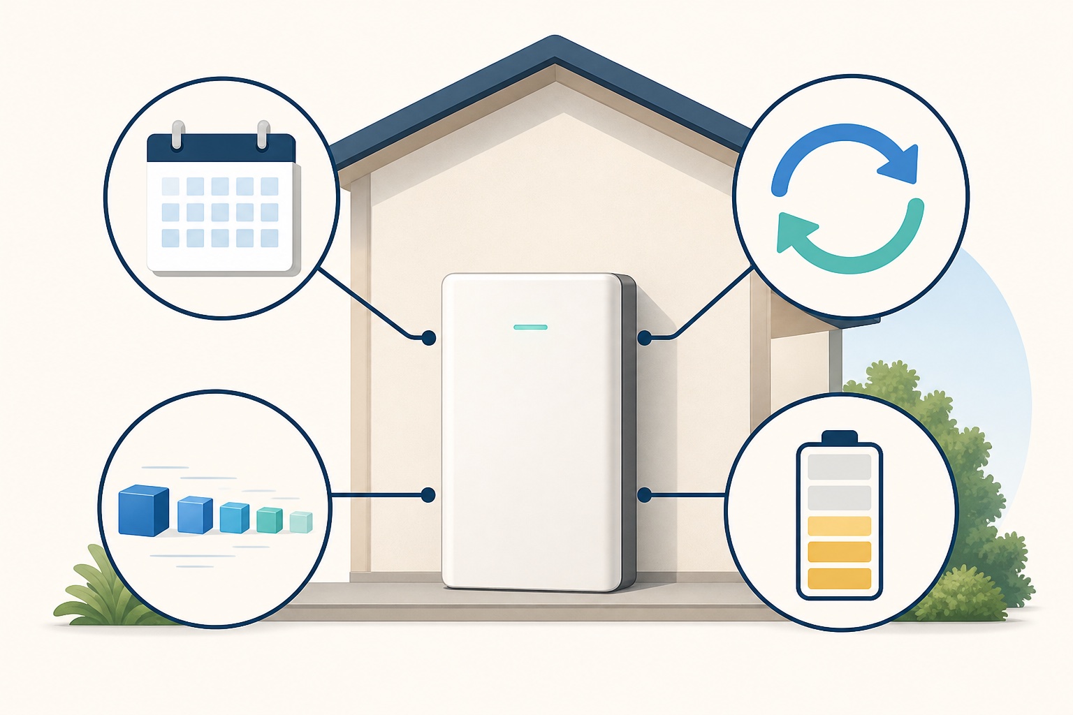 Text-free illustration of a home battery connected to calendar, cycle, energy-throughput and retained-capacity symbols