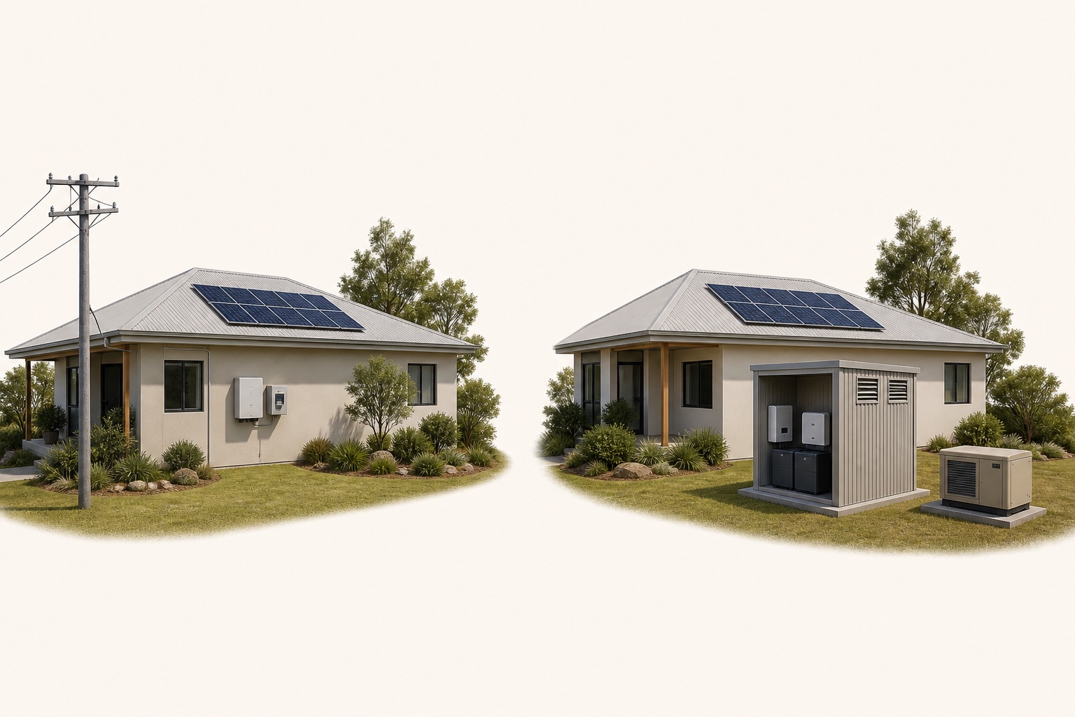 Side-by-side comparison of a grid-connected solar home and an off-grid home with detached battery and backup equipment