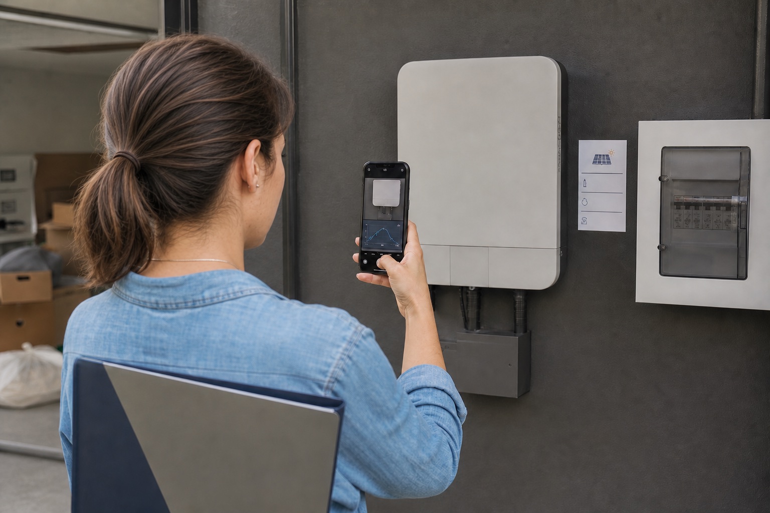 New homeowner safely photographing a closed solar inverter while holding a warranty and service folder