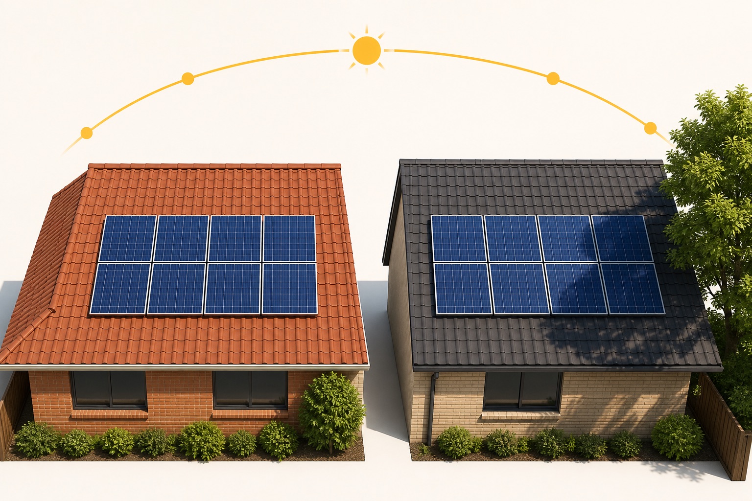 Two Australian roofs with identical eight-panel solar arrays, one unshaded and one partly shaded by a tree