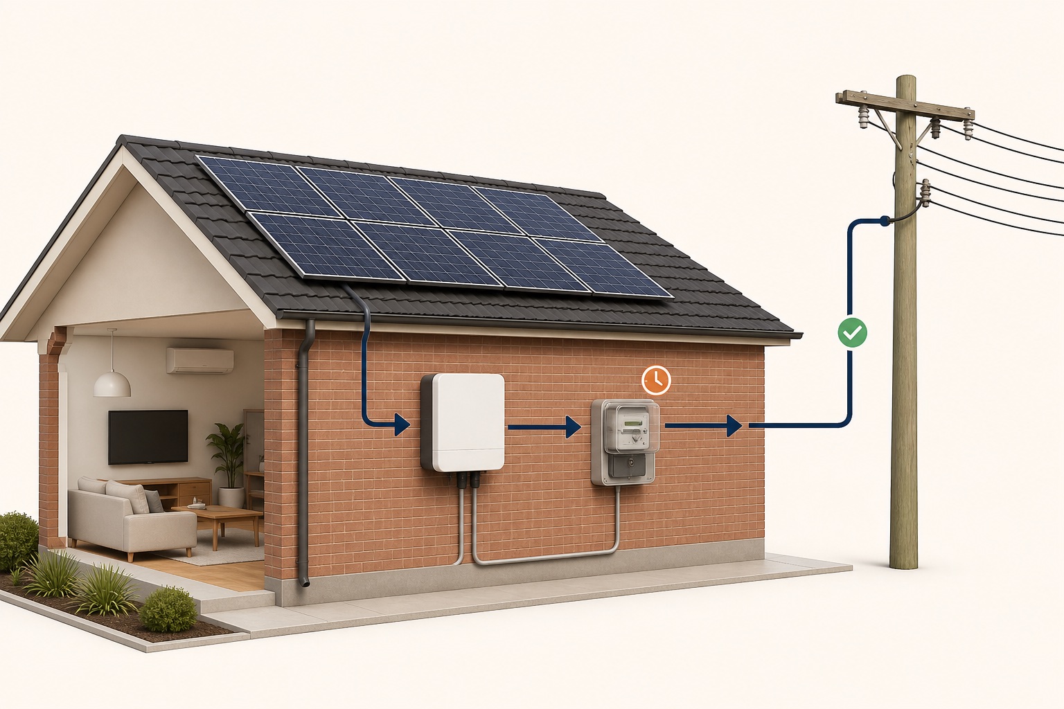 Illustrated connection path from rooftop solar through an inverter and smart meter to the local electricity network