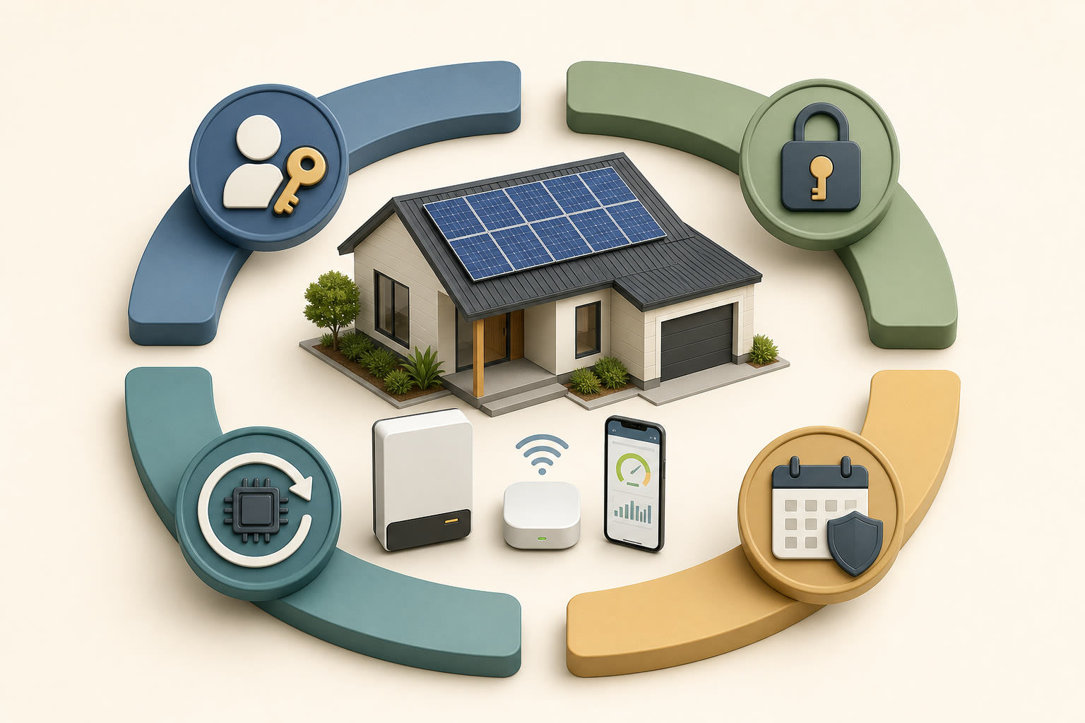 Four curved security layers around a solar home representing account ownership, unique password, software updates and support life