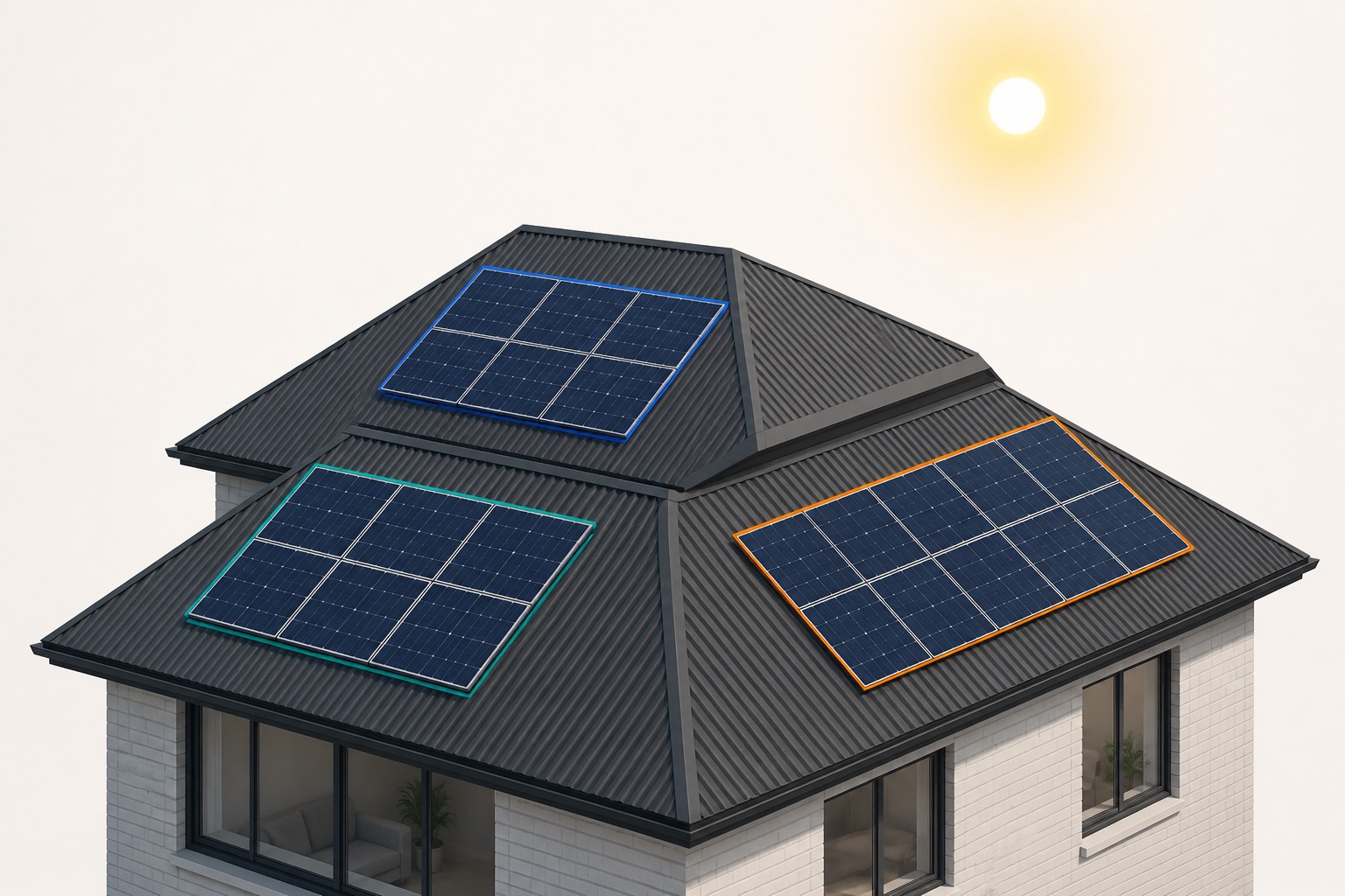 Three solar panel groups outlined in different colours on separate roof faces under one sun