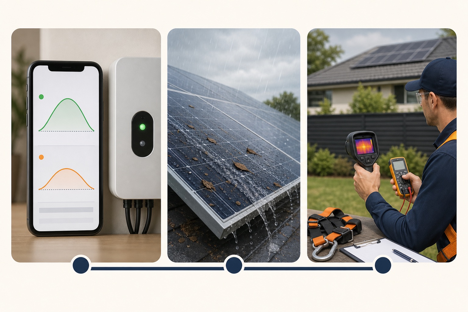 Three-part solar maintenance decision aid showing monitoring, rain on tilted panels and qualified professional servicing