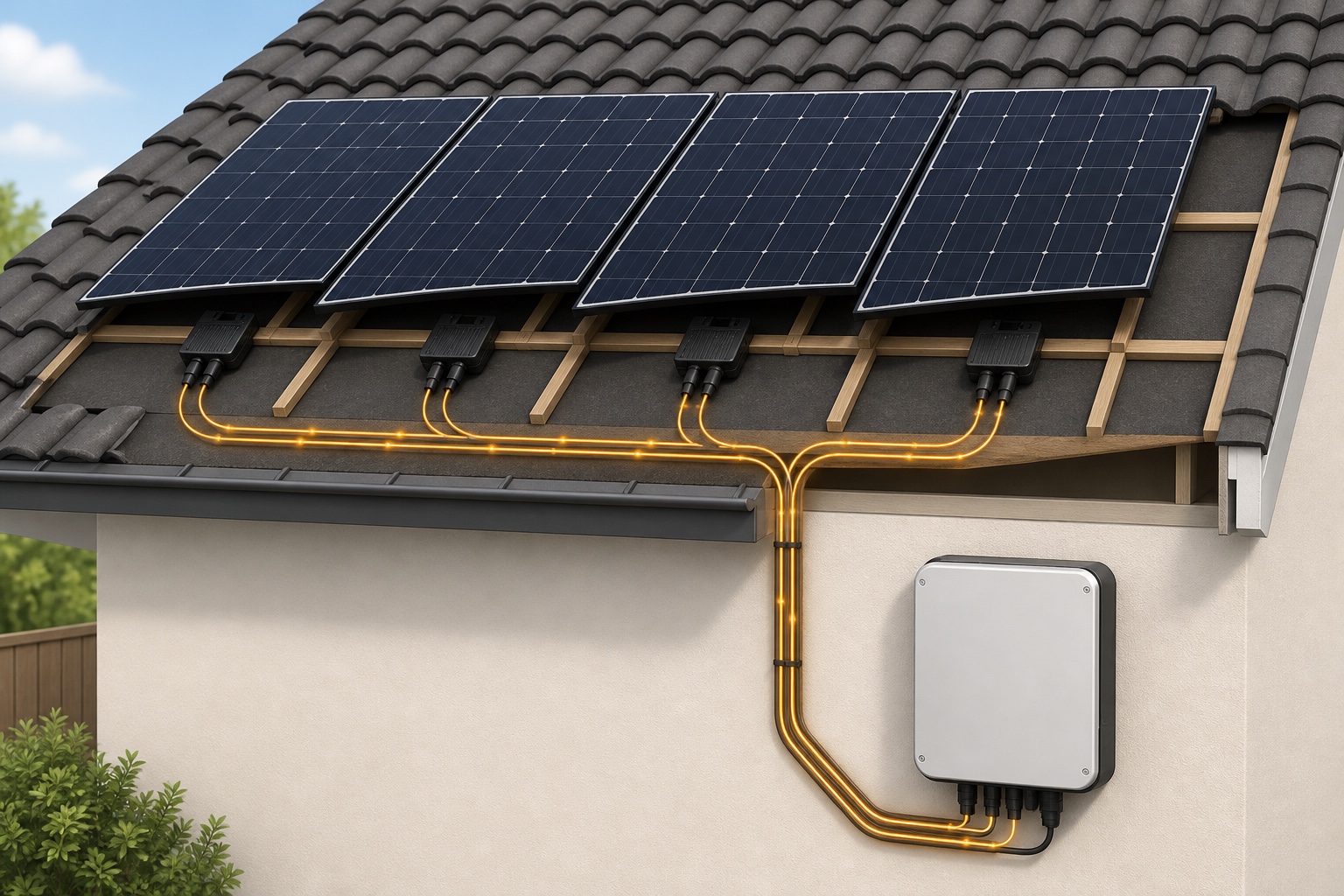 Simplified cutaway showing one power optimiser beneath each of four solar panels feeding a separate central string inverter