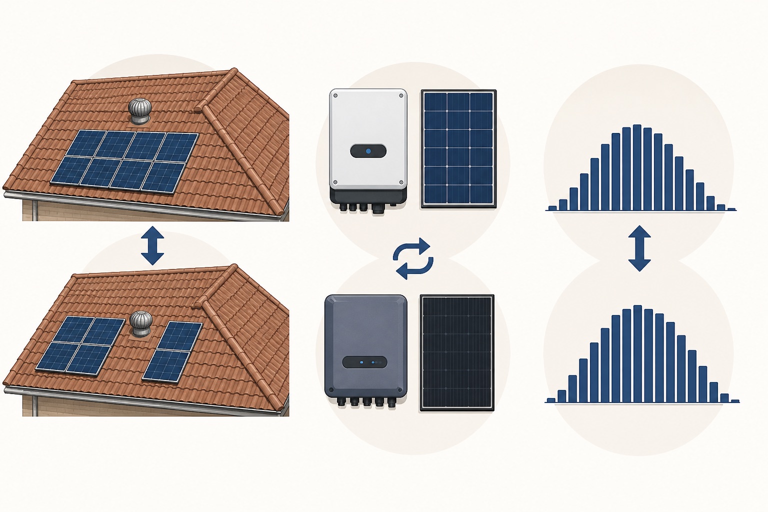 Text-free comparison of changes to a rooftop solar layout, generic equipment and expected generation profile