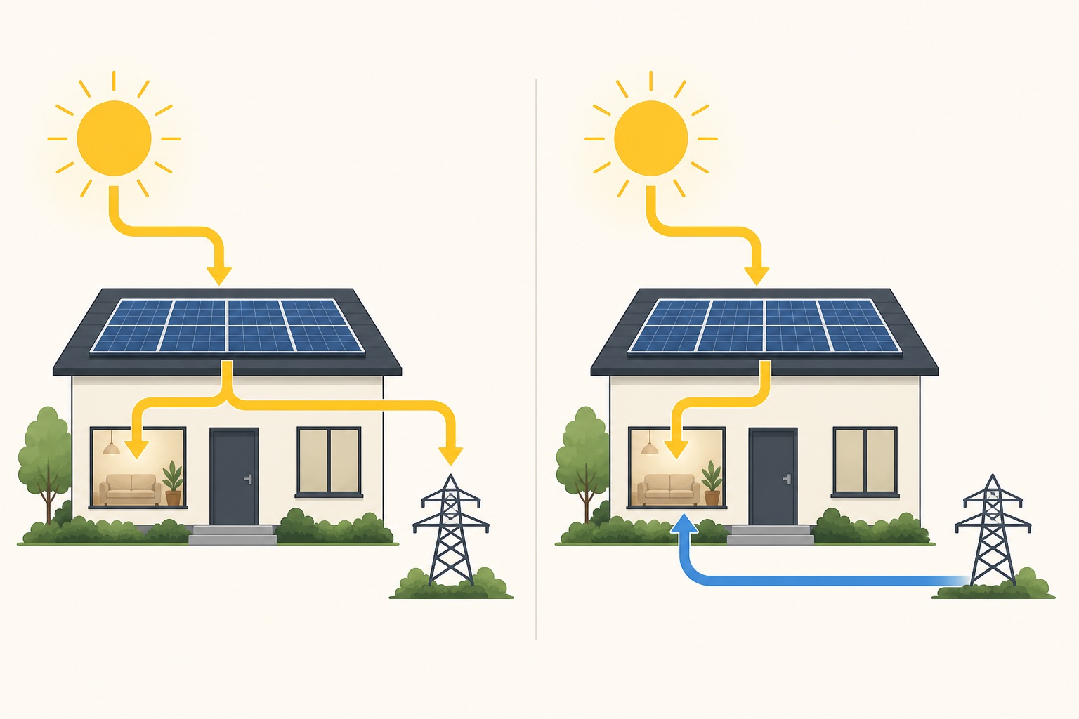 Text-free two-panel illustration showing solar generation split between a home and the grid beside household use supplied by solar and the grid