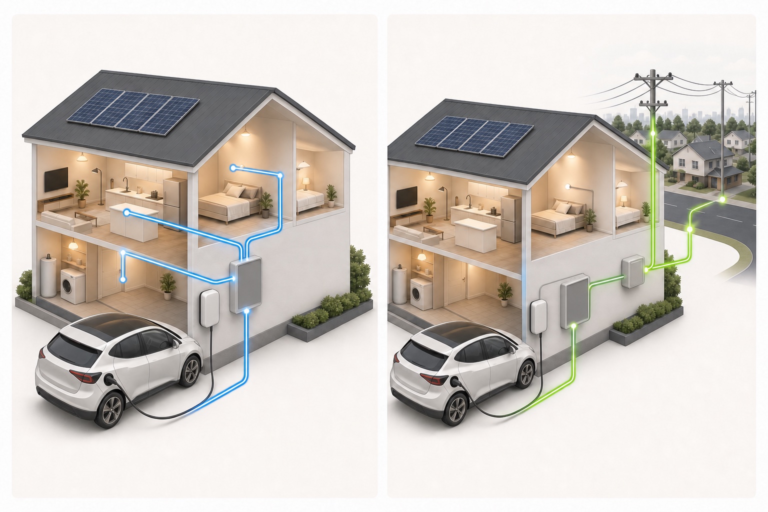 Text-free two-panel illustration comparing electricity flowing from an electric vehicle to a home and from an electric vehicle towards the grid