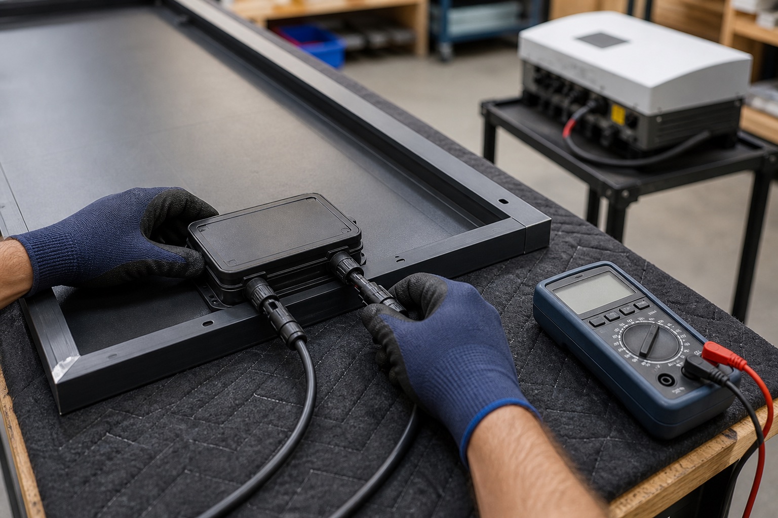 Gloved technician examining the junction box and connectors of a disconnected solar panel on a padded workshop bench