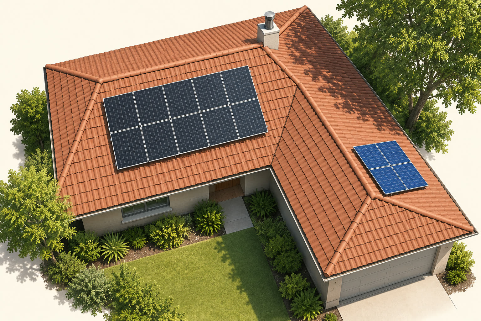 Conceptual roof layout showing an established panel bank on one face and a proposed smaller bank on another face near a tree shadow