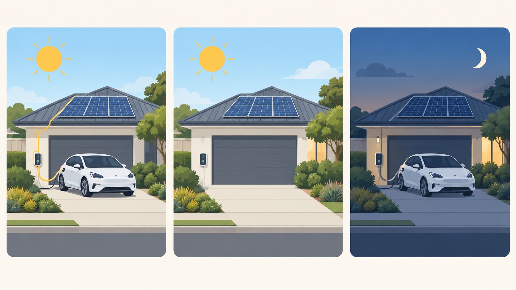 Three illustrated charging situations: car at home in daylight, car away in daylight and car charging after sunset
