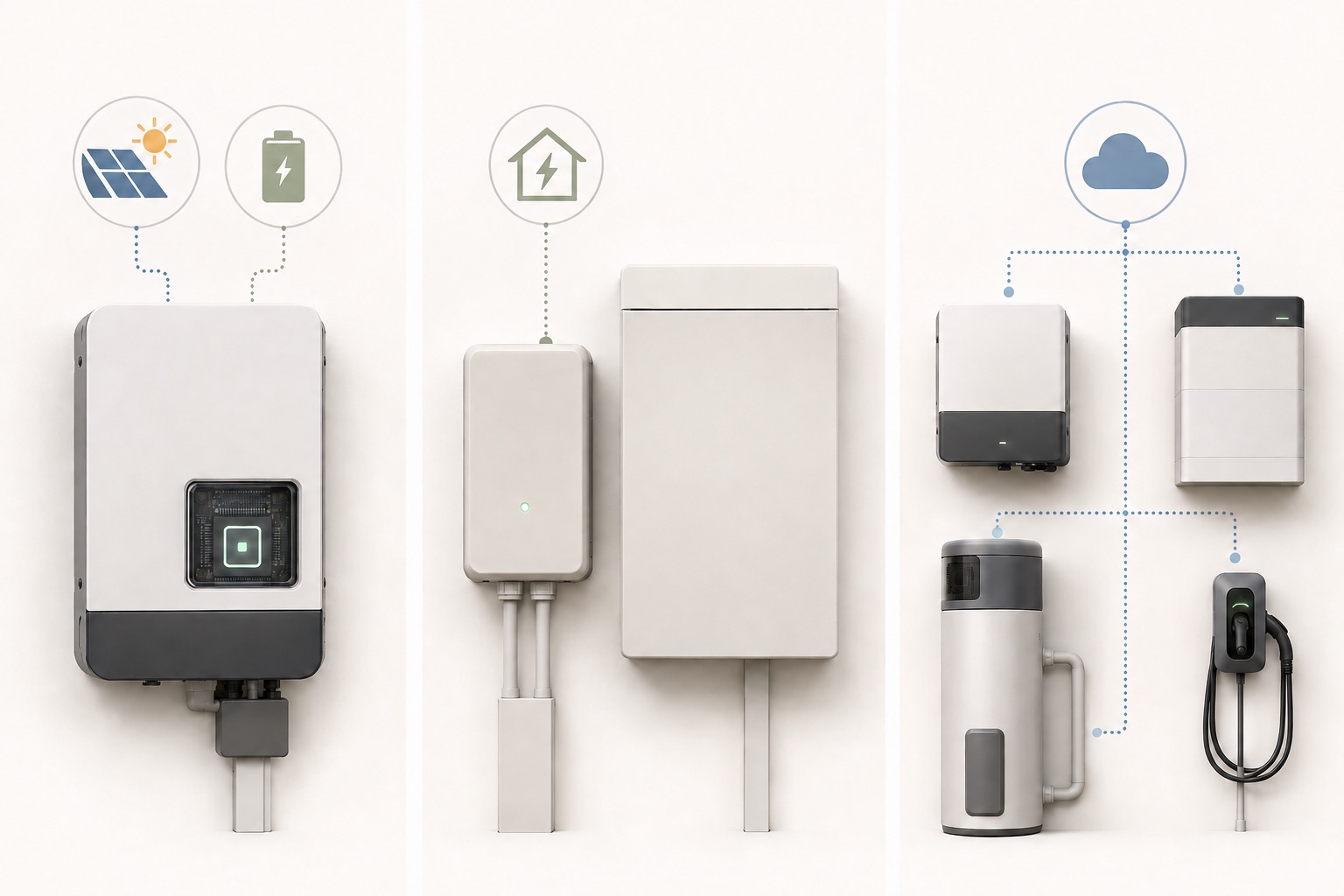 Three home energy management system arrangements showing an integrated controller, separate hardware beside a closed switchboard and cloud-based device coordination