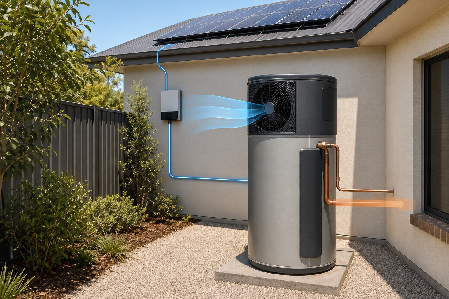 Outdoor heat-pump hot-water system with an electricity path from rooftop solar PV and warm water pipes into the house