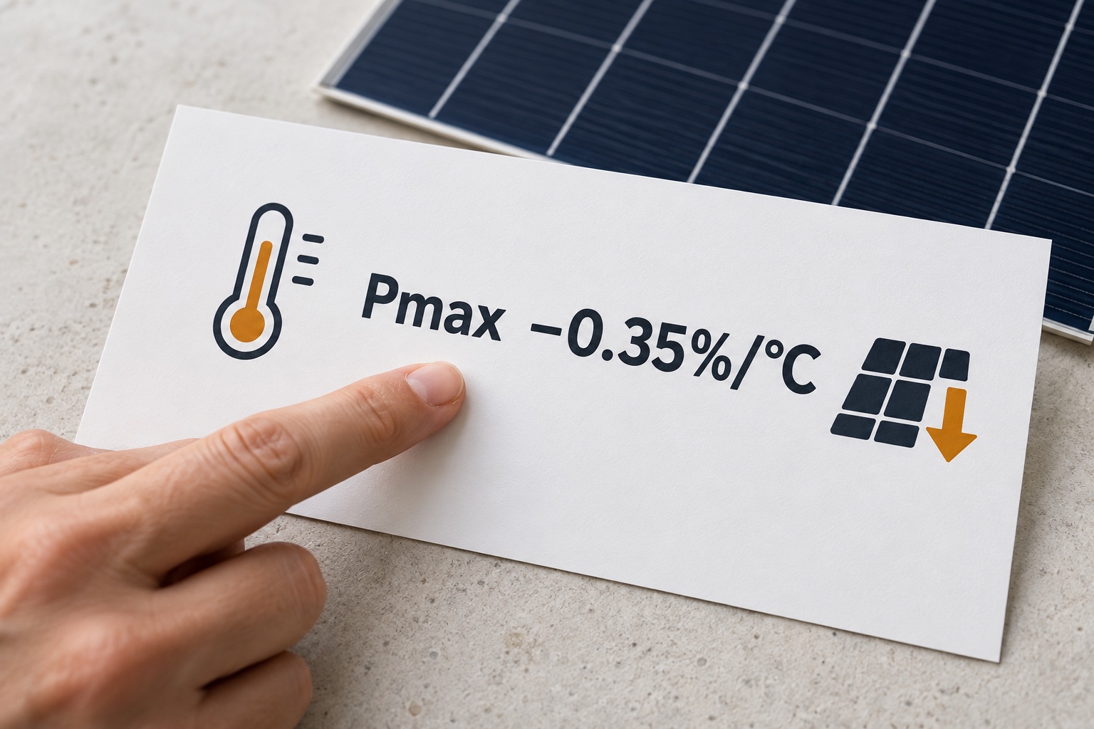 Generic solar panel specification showing Pmax minus 0.35 percent per degree Celsius
