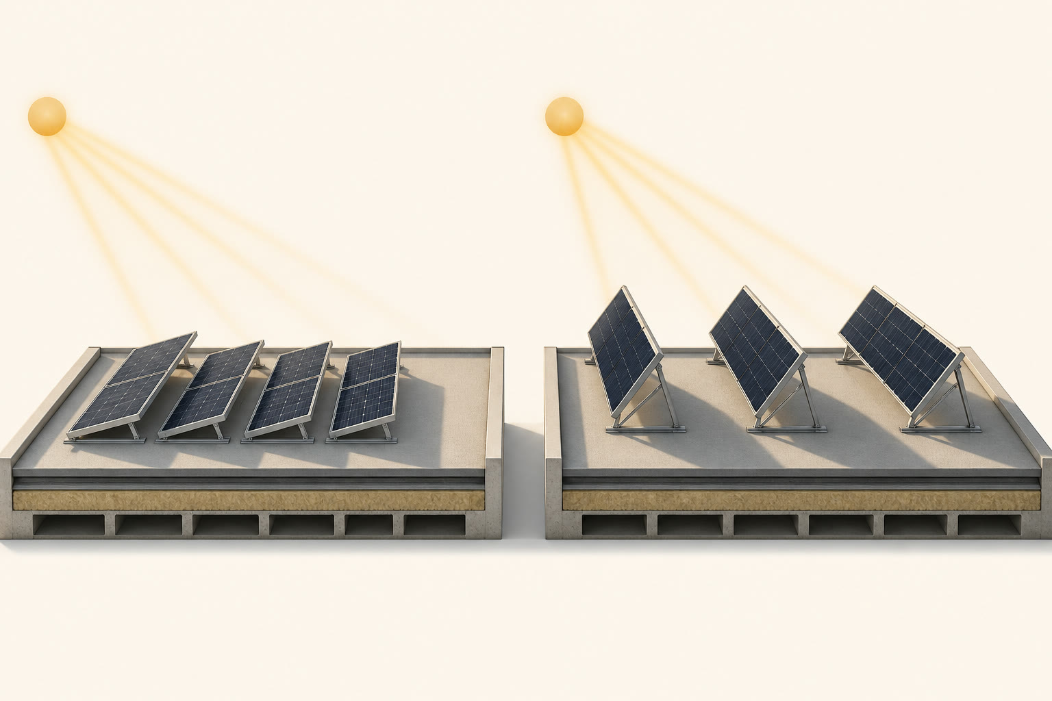 Side-section illustration of two flat-roof solar layouts showing row spacing and different shadow lengths
