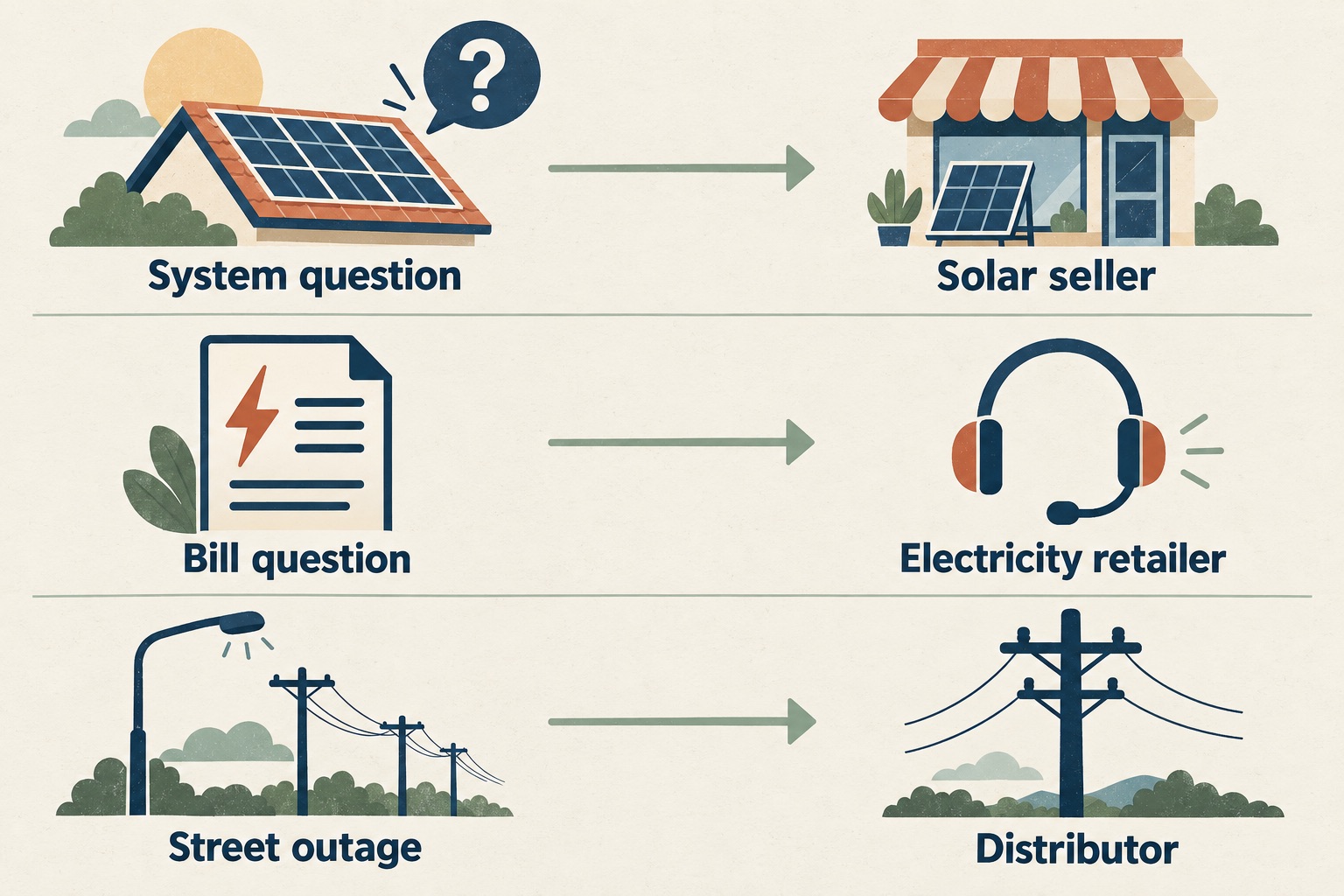 Three illustrated contact paths: system questions to the solar seller, bill questions to the electricity retailer and street outages to the distributor