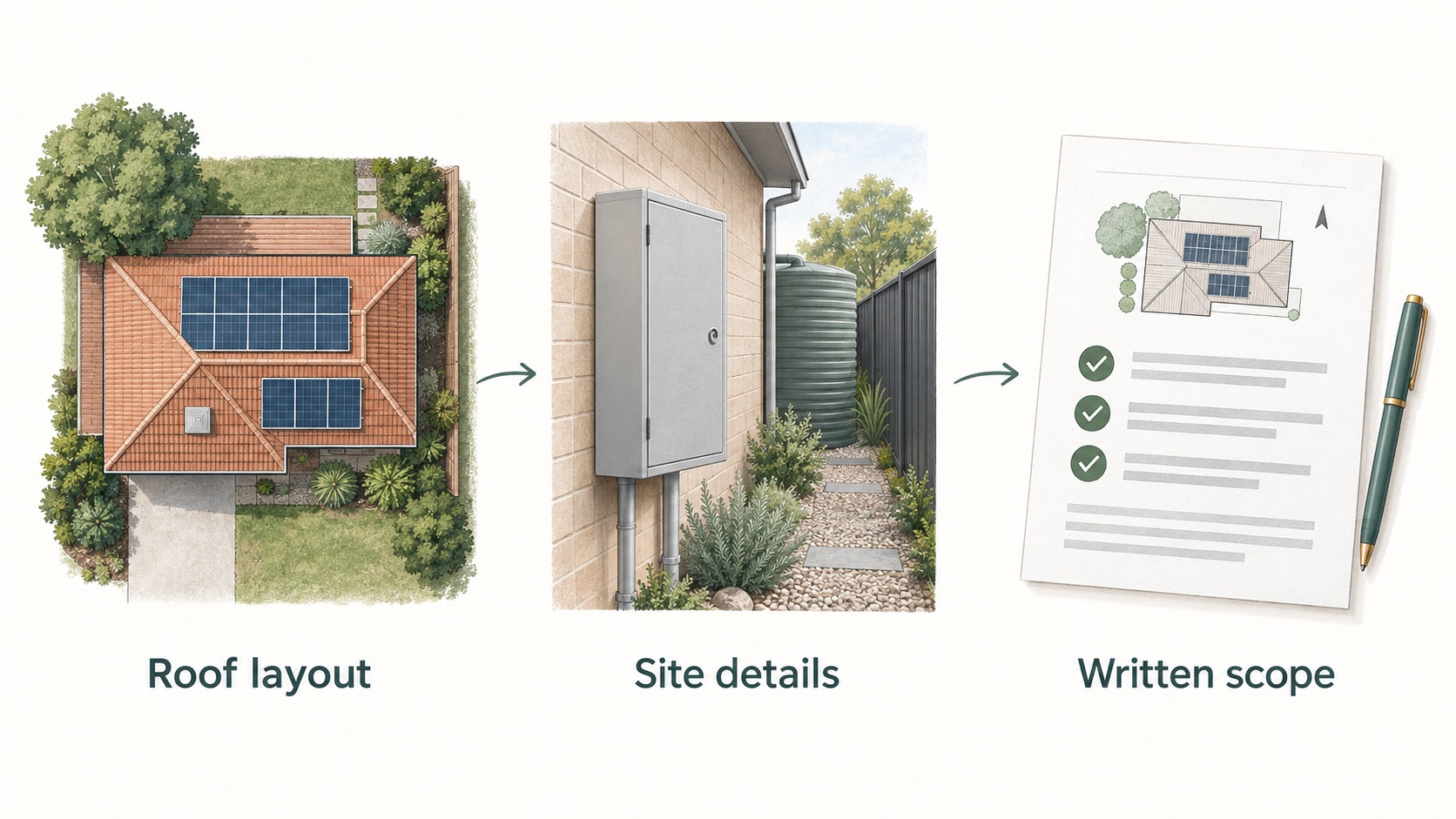 Three illustrated stages showing a roof layout, site details and a written installation scope