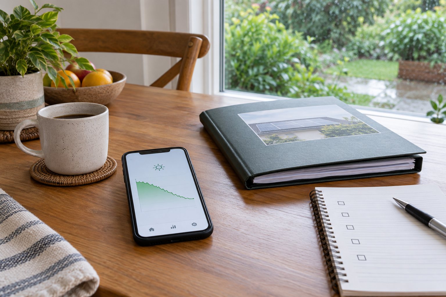 Solar monitoring phone, system folder and blank observation checklist on an indoor table