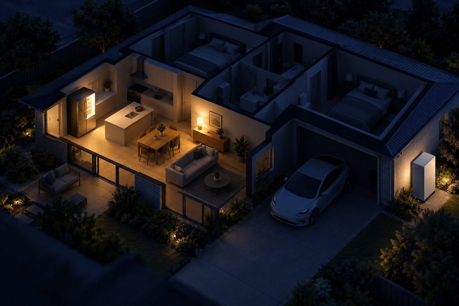 Conceptual home cutaway with a lit fridge and lamp while other rooms and an EV charger are unlit