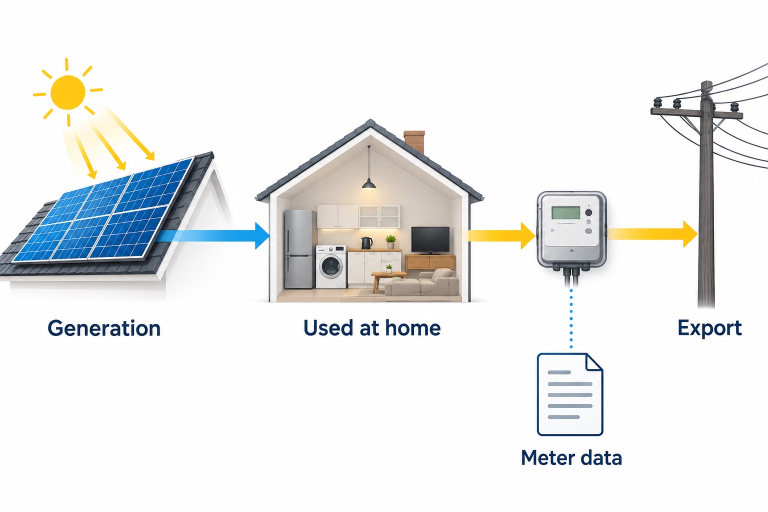 Illustration showing solar generation used in the home and excess export passing through a smart meter to the grid