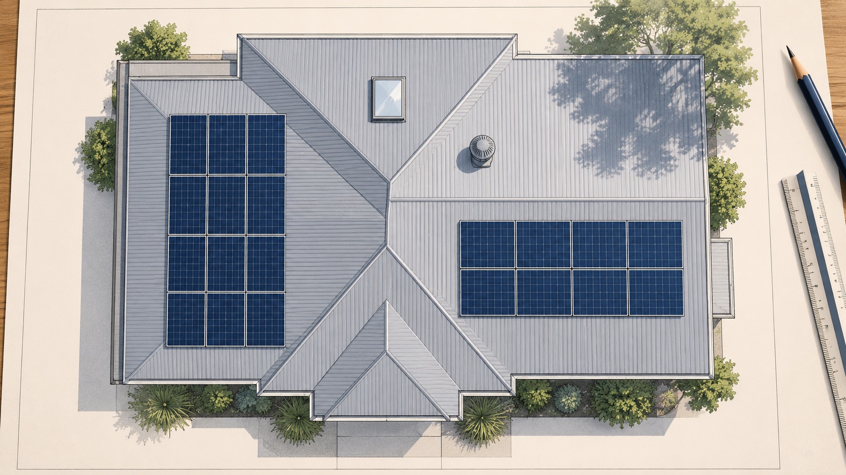 Overhead roof plan showing two solar panel arrangements clear of a skylight and roof vent, with one roof area shaded by a tree