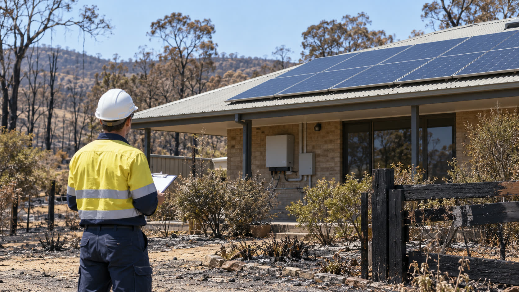 An electrical professional observing a solar-panel home from ground level after nearby bushfire exposure