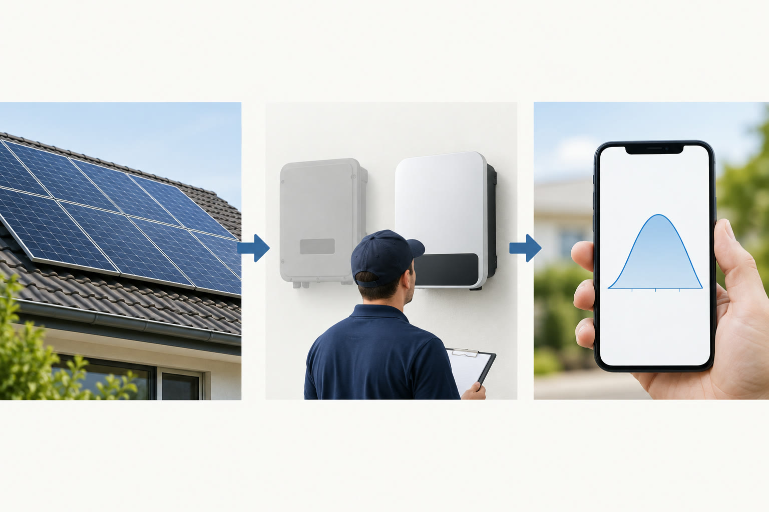 Three-step conceptual view of retained roof panels, a replacement inverter and monitoring on a phone