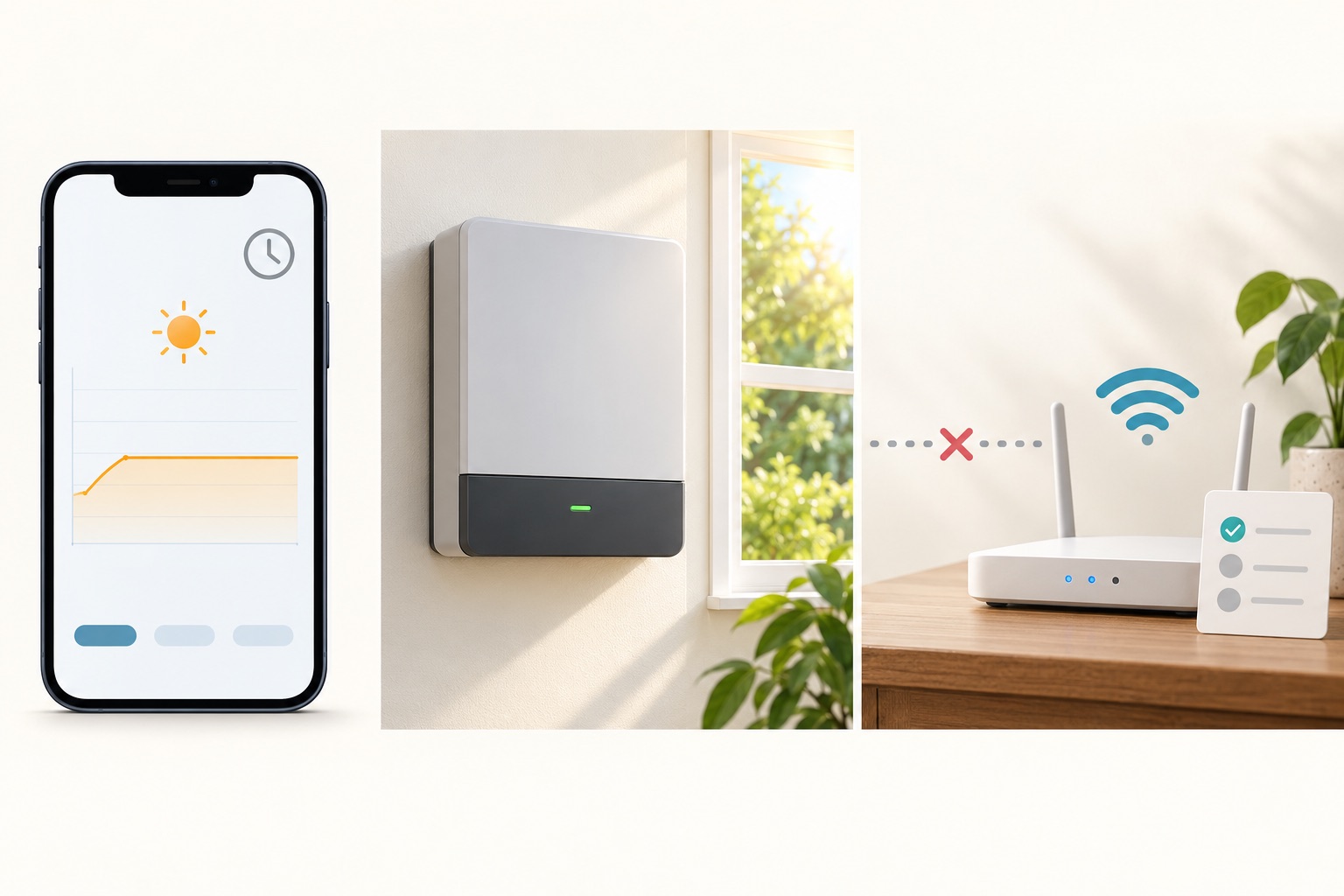 Three-part illustration separating a stale solar app, local inverter status and home-router connection