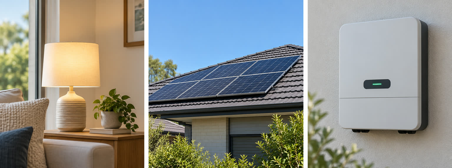 Three separate observations: a lit household lamp, rooftop panels in daylight and a closed inverter with a neutral indicator
