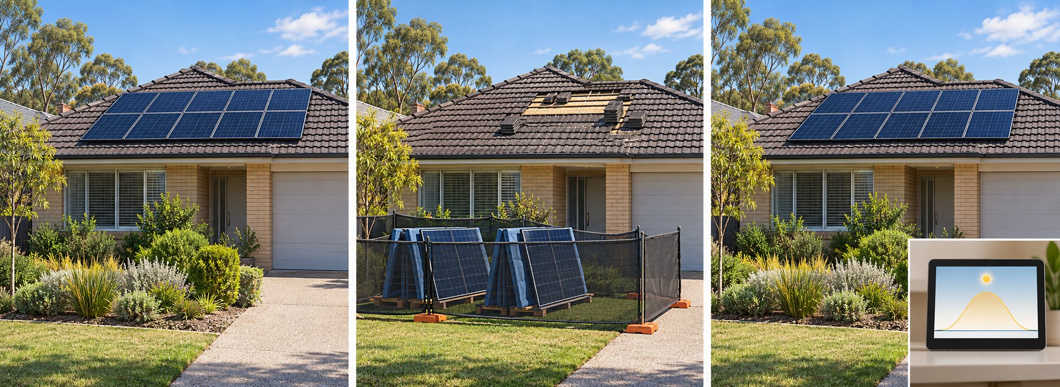 Three views of the same house showing its solar array before removal, panels protected at ground level during roof work, and the array returned with a monitoring display