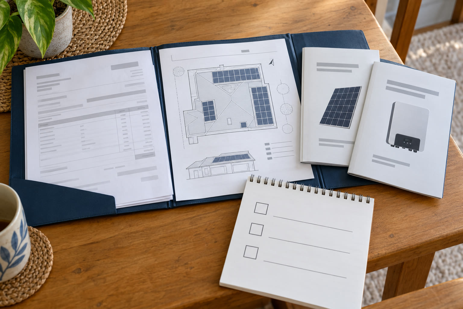Open solar handover folder with invoice, roof layout, product booklets and a blank checklist